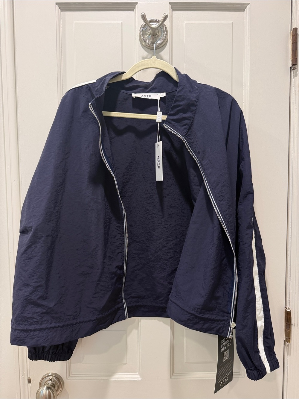 ASTR Navy Bomber Jacket with White Sleeve Stripe